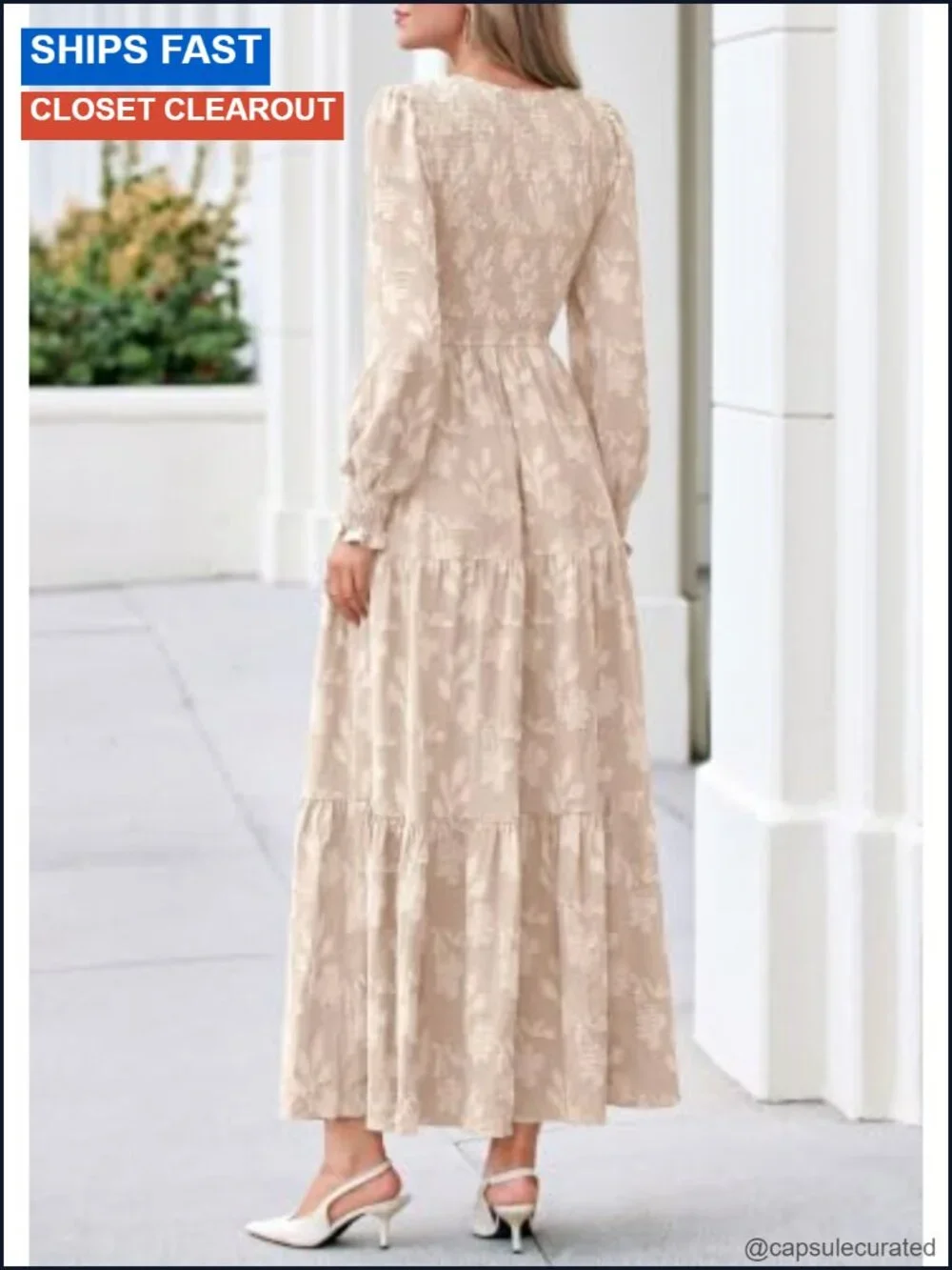 Floral Jacquard Midi Dress Long Lantern Sleeve Formal Wedding Guest